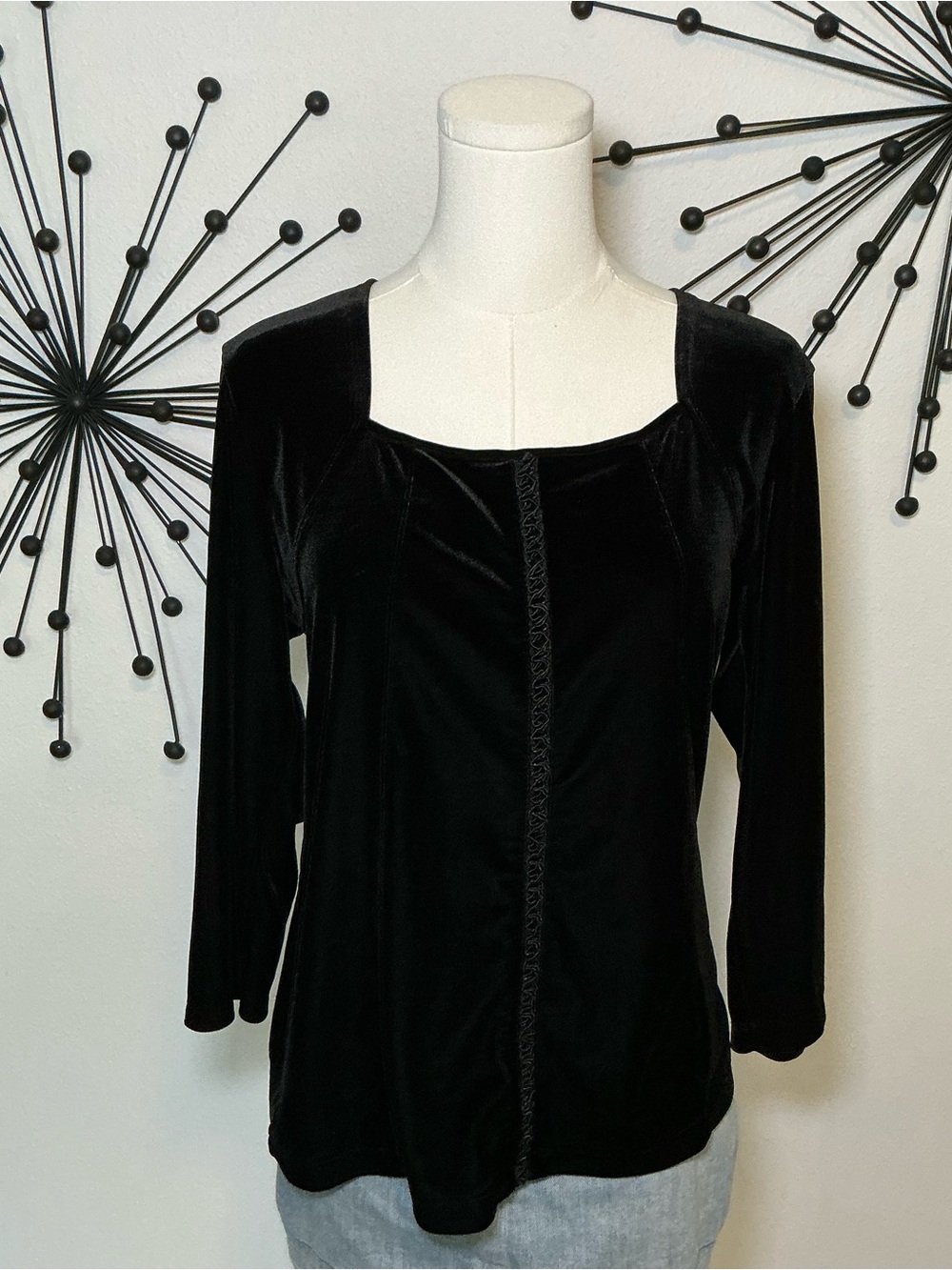 Y2K Suzie in the City Black Velvet Long Sleeve Top Square Neck Stretch Goth